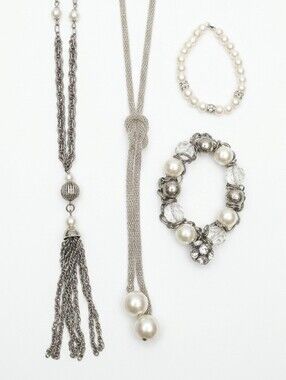 4Pc Set Faux Pearl Silver Chain Jewelry Lariat Knot Necklace Bracelet Tassel